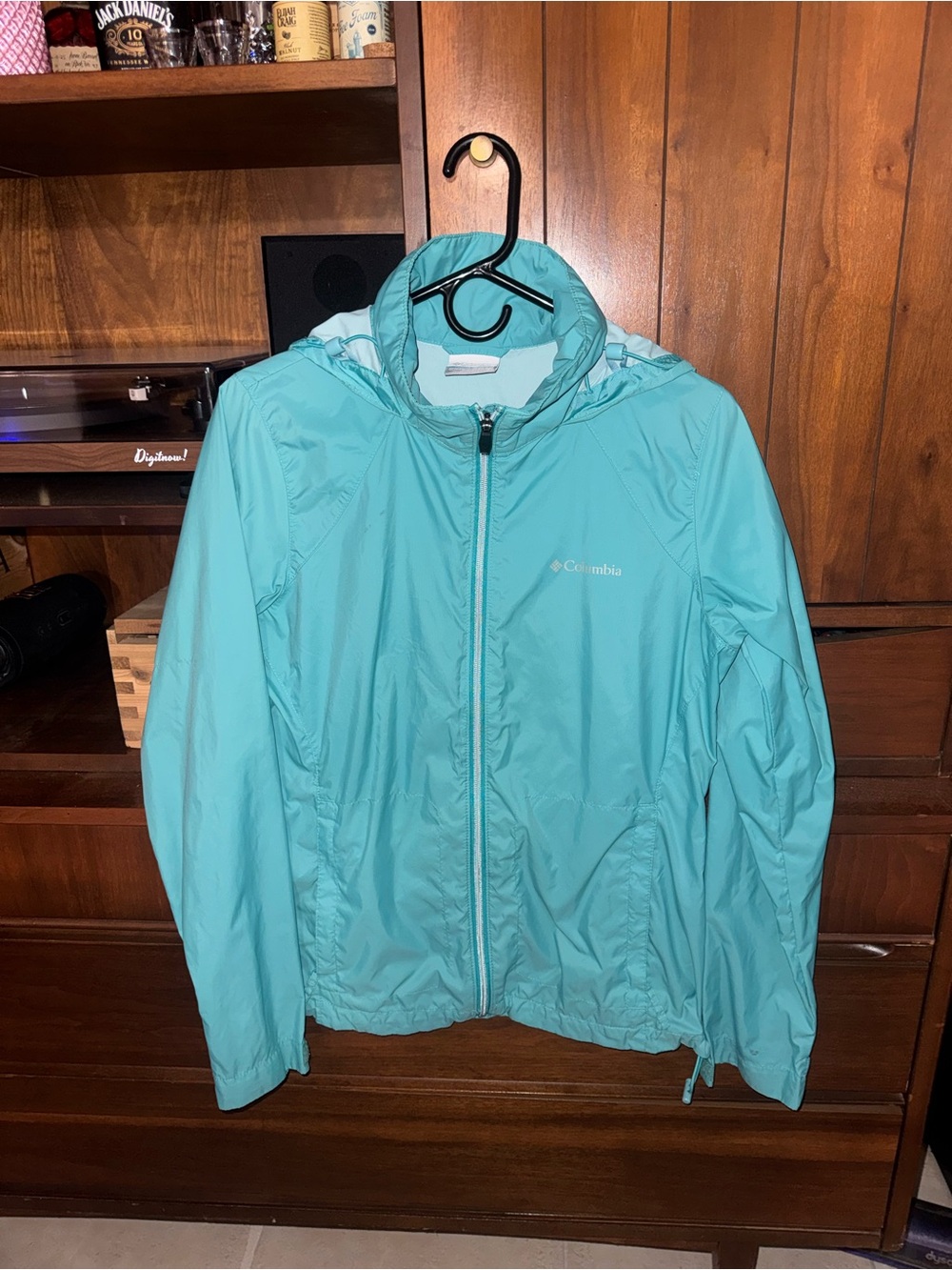 Columbia Women's Aqua Blue Hooded Packable Rain Jacket